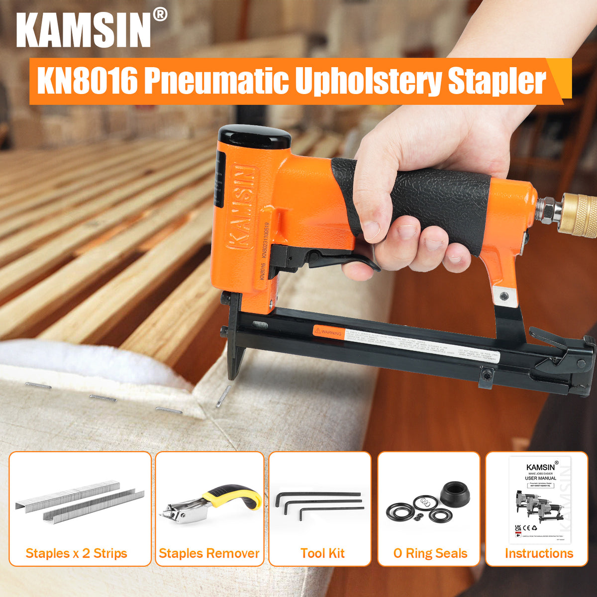 KAMSIN #KN8016 Grapadora neumática de alambre fino calibre 21, grapas de corona de 1/2 pulgada, longitud de pata de 1/4 a 5/8 de pulgada, pistola de grapas de tapicería potente para muebles, gabinetes, ropa de cama, marcos de fotos