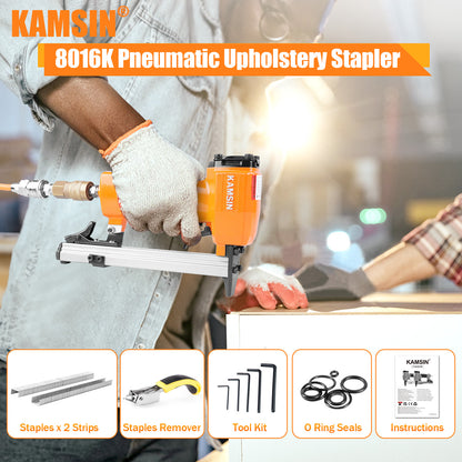 KAMSIN 8016K Grapadora Neumática para Tapicería - Serie 80 de Calibre 21, Corona de 1/2 pulgada, Longitud de Pata de 1/4 a 5/8 de pulgada, Grapadora de Alambre Fino para Muebles, Tableros Delgados, Sofás
