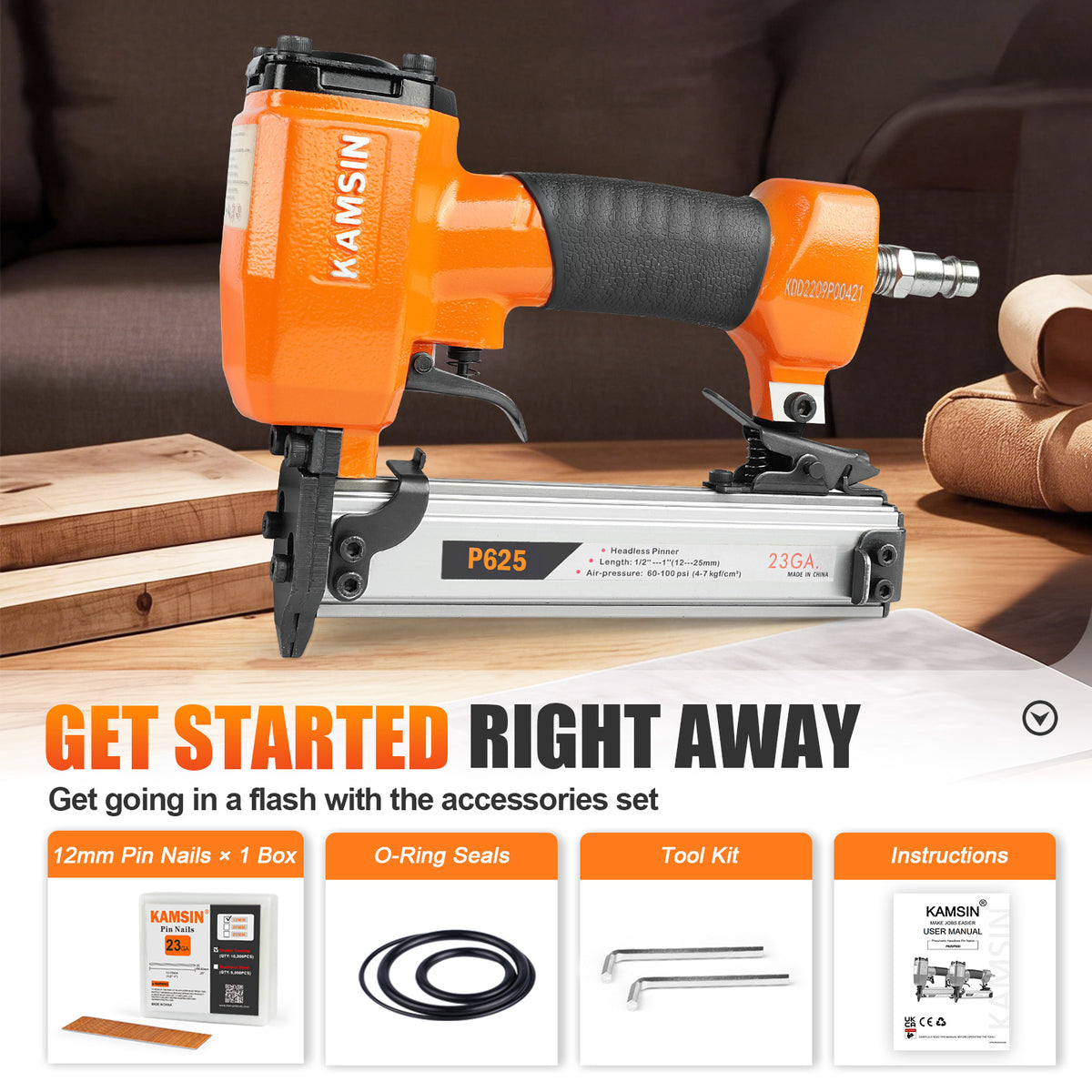 KAMSIN P625 23 Gauge Pneumatic Pin Nailer Kit with 10,000PCS P612 and A Box of Copper or Stainless Steel Pin Nails