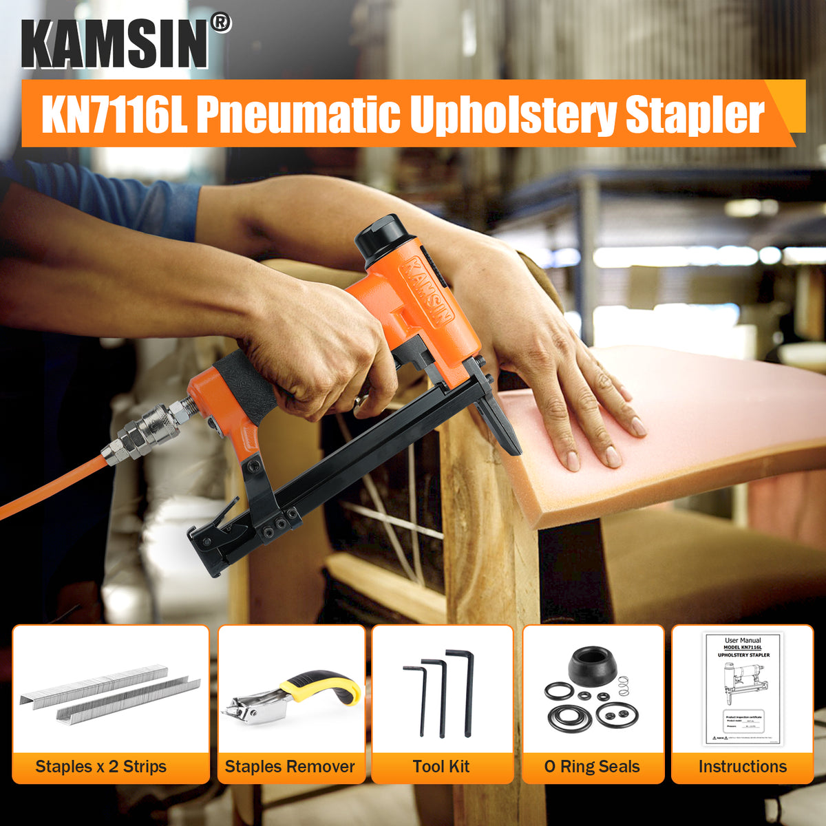KAMSIN KN7116L 22 Gauge Pneumatic Upholstery Stapler, 3/8-inch(9.0mm) Crown Fine Wire Stapler Gun, 1/4-inch to 5/8-inch(6-16mm) Leg Length Long Nose Upholstery Staple Gun for Upholstering