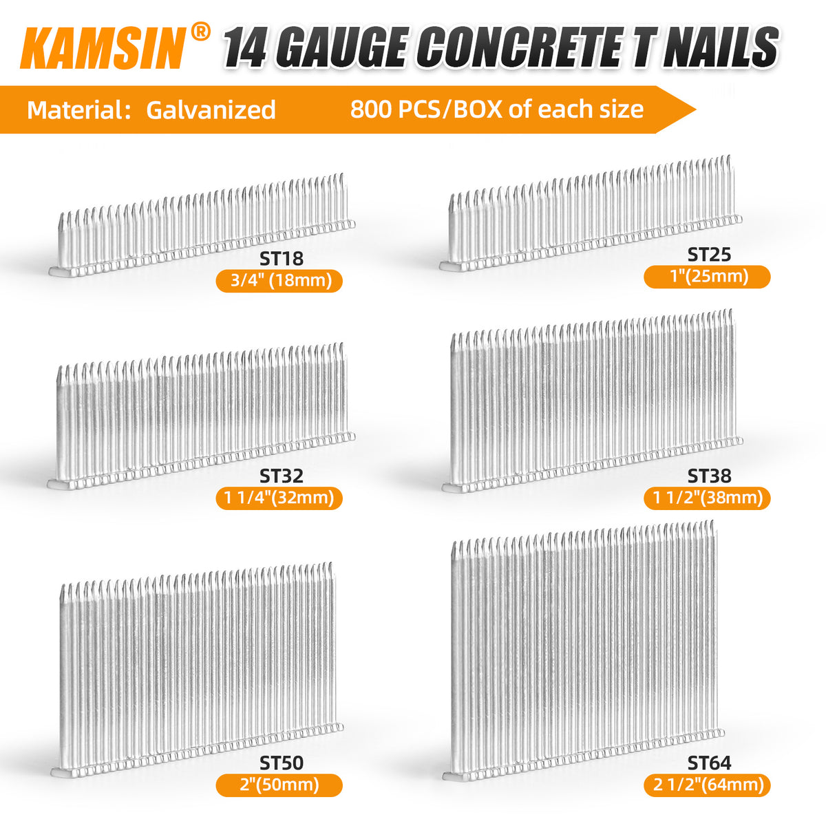 KAMSIN 14 Gauge Concrete T Nails, 18-64mm (3/4"-2 1/2"), Galvanized, 800 PCS/BOX
