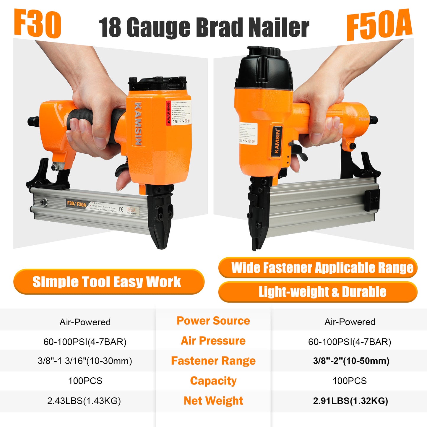 KAMSIN F50A 18 Gauge Pneumatic Brad Nailer With Safety, Accepts 3/8-Inch to 2-Inch (10-50mm) Brad Nails, Air Power Brad Nail Gun, Finish Nailer for Cabinets, Furniture, Upholstering, Woodworking