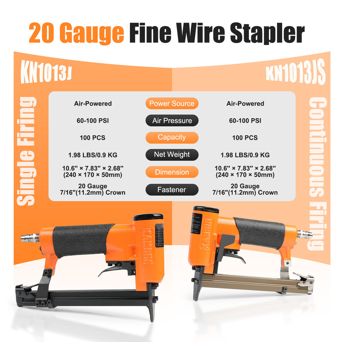 KAMSIN #KN1013J/KN1013JS Agrafeuse de rembourrage 20 Ga, agrafeuse pneumatique à couronne de 7/16 pouce, agrafeuse à fil fin de 1/4 pouce à 1/2 pouce de longueur de jambe pour fabricants de meubles, panneaux minces, canapés