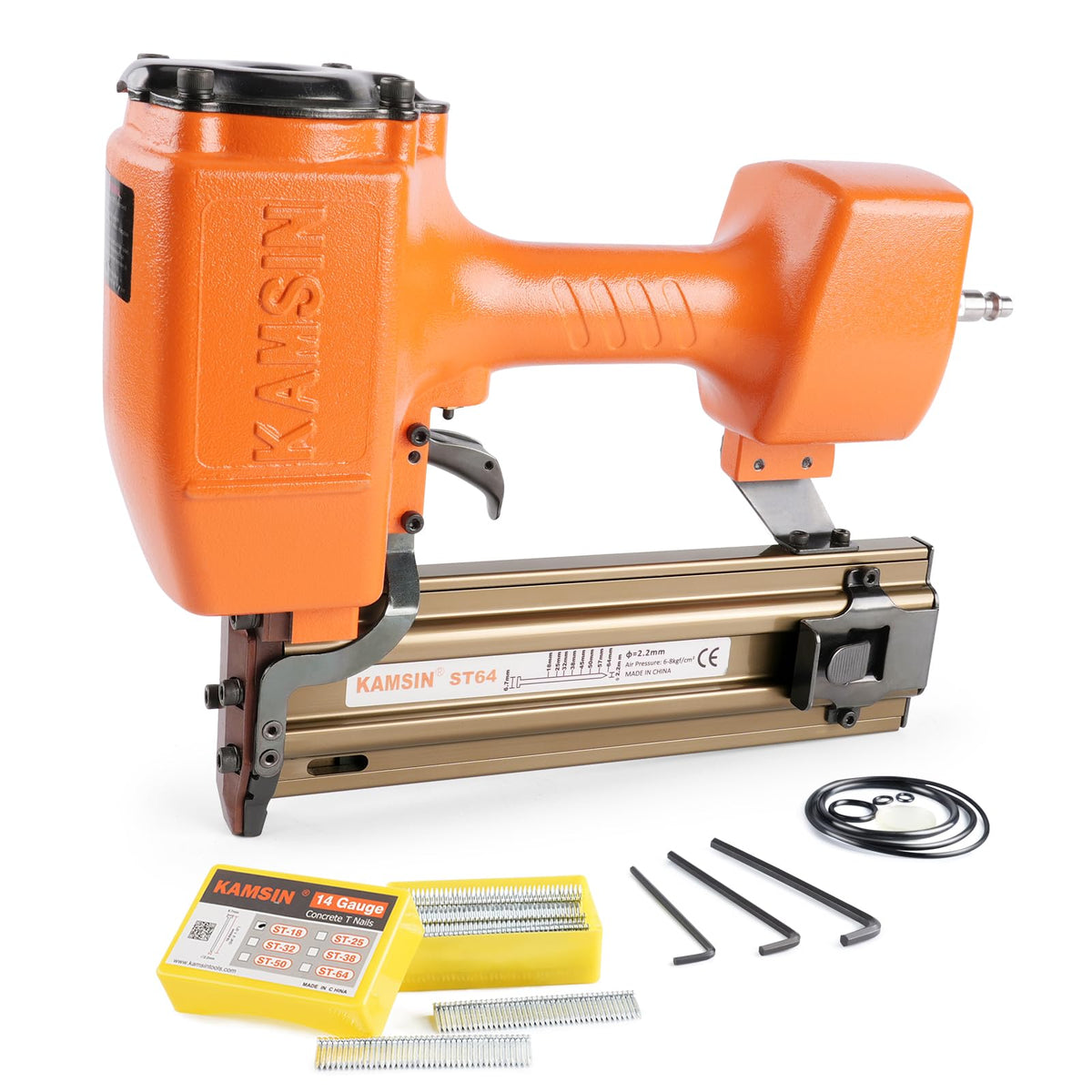 KAMSIN ST64 14 Gauge Pneumatic Concrete T Nailer with 400 PCS 3/4" Concrete T Nails, 3/4" to 2-1/2" Concrete Nail Gun for Heavy Duty Low-Concrete Nailing, Woodworking