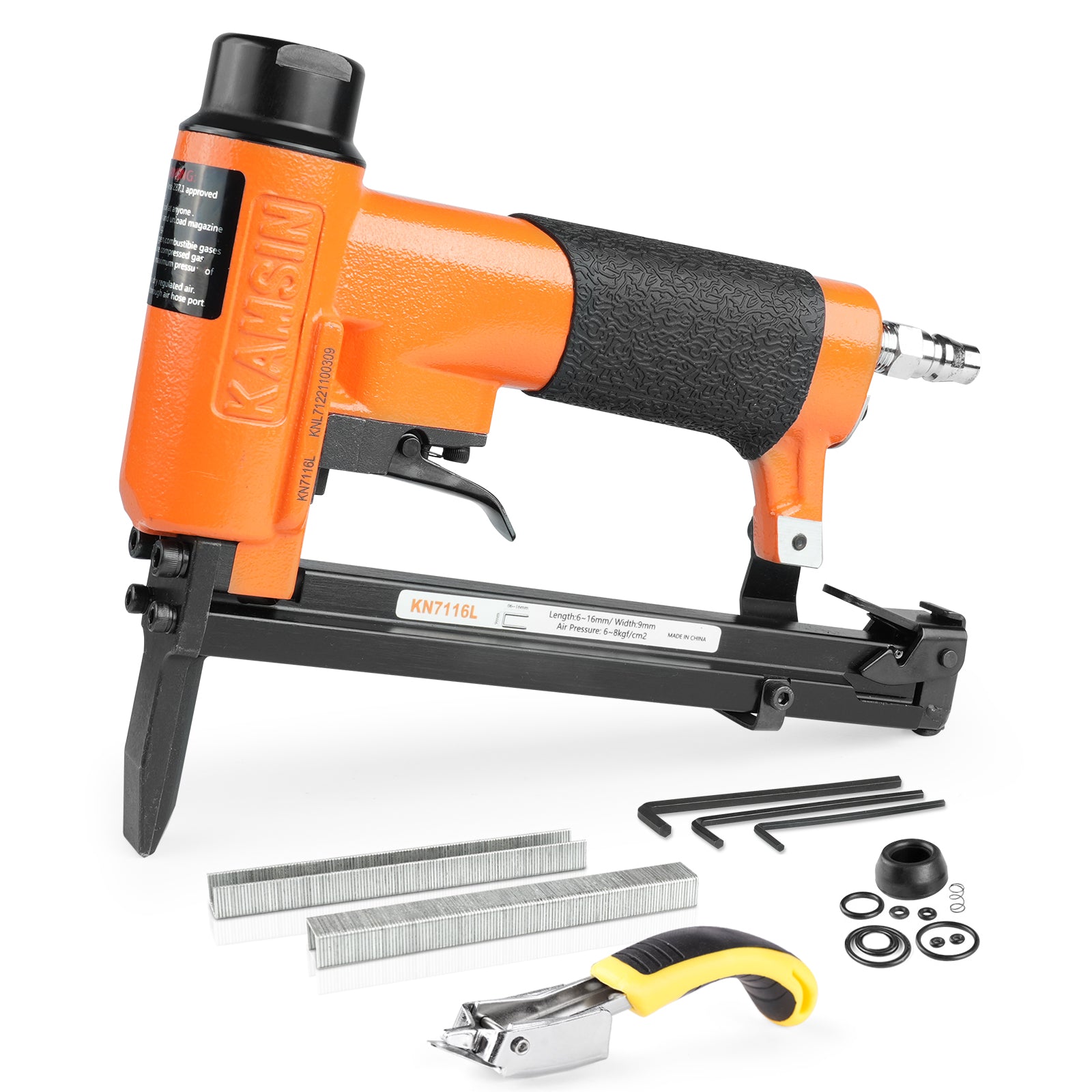 KAMSIN KN7116L 22 Gauge Pneumatic Upholstery Stapler, 3/8-inch(9.0mm) Crown Fine Wire Stapler Gun, 1/4-inch to 5/8-inch(6-16mm) Leg Length Long Nose Upholstery Staple Gun for Upholstering