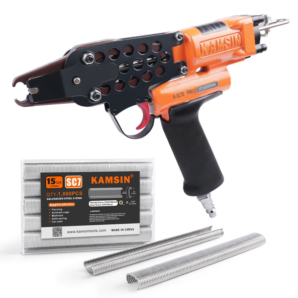 KAMSIN K-SC7E PRO Pistola Neumática de Anillo de Cerdo de Nariz Larga con Gatillo Mejorado Calibre 15, Corona de 3/4 Pulgadas, Diámetro de Cierre de 7-8mm, Alicates de Anillo C Accionados por Aire para Jaulas, Cercas y Tapicería Automotriz