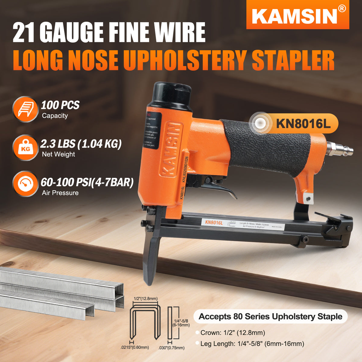KAMSIN KN8016L Grapadora neumática para tapicería de calibre 21, corona de 1/2 pulgada, longitud de 1/4 a 5/8 pulgadas, grapadora de tapicería de nariz larga, grapadora de alambre fino para muebles, tapicería