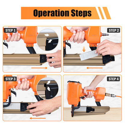 N851 16 Gauge Pneumatic Construction Stapler 7/16-Inch Medium Crown Upholstery Stapler with Safety Frame, Accepts 1" to 2" Length Staples, Heavy Wire Stapler for Furniture Making, Subflooring