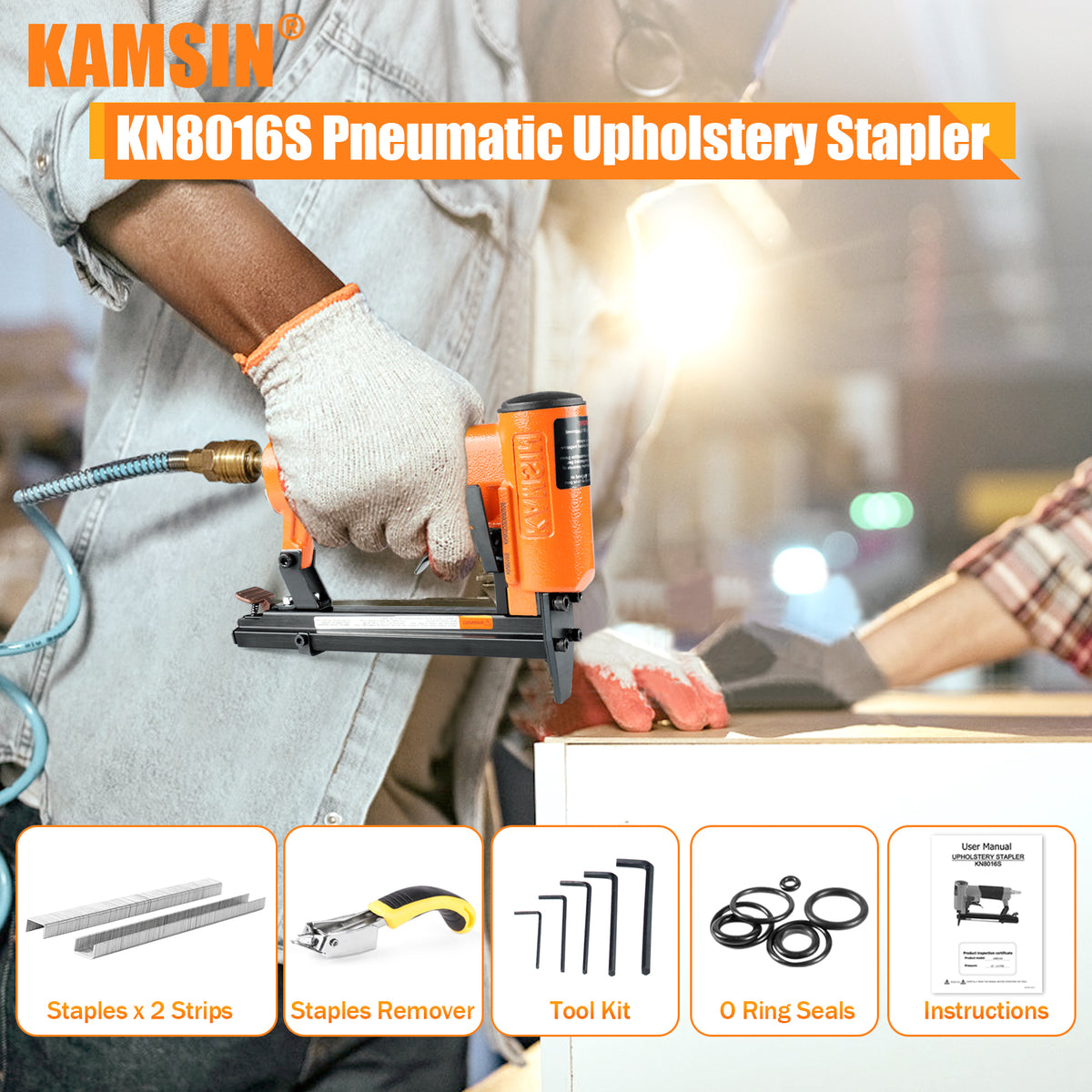 KAMSIN #KN8016S Engrapadora Neumática de Alambre Fino para Tapicería de Calibre 21, Modo de Disparo Continuo, Grapas de Corona de 1/2'', Longitud de 1/4'' - 5/8'', Pistola de Grapas Neumática para Tapicería de Muebles