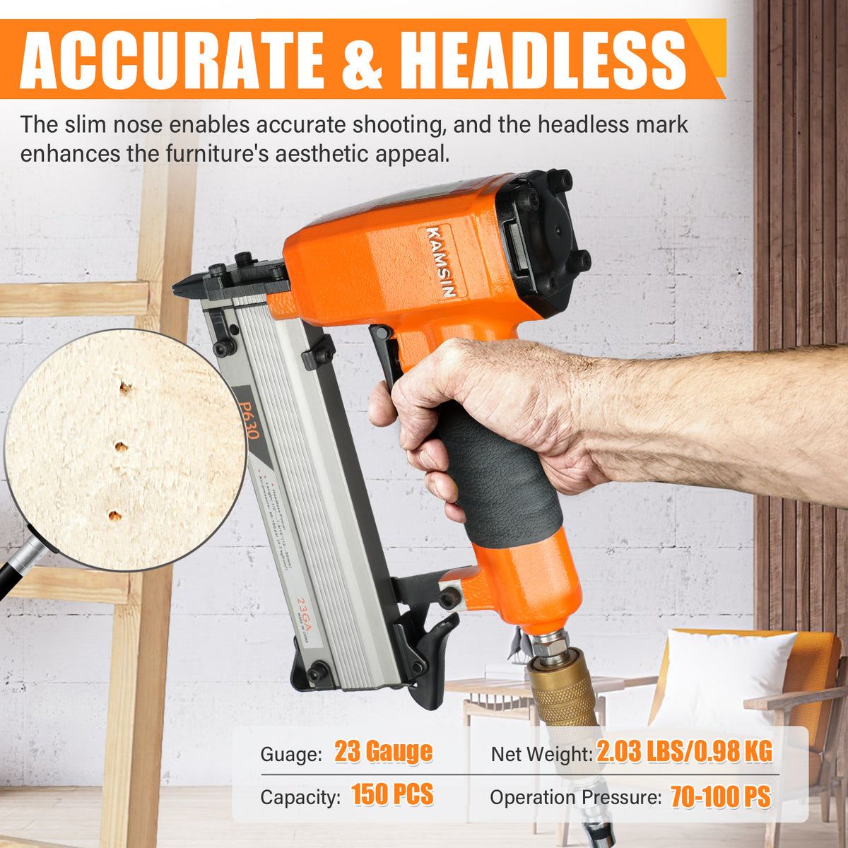 KAMSIN P630 23 Gauge Pneumatic Headless Pin Nailer Kit with 10,000PCS P612 and A Box of Copper or Stainless Steel Pin Nails
