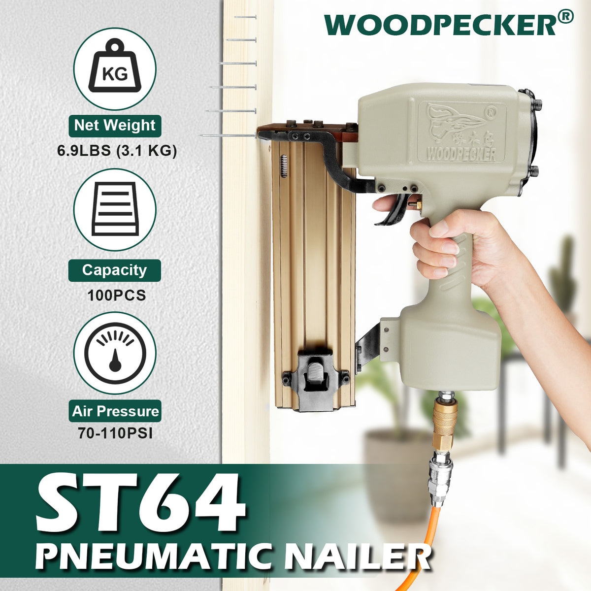 WOODPECKER ST64 14 Gauge Pneumatic Concrete T Nailer with 400 PCS 3/4" Concrete T Nails, 3/4" to 2-1/2" Concrete Nail Gun for Heavy Duty Concrete Nailing, Decking , Subflooring, Siding, and Soffits