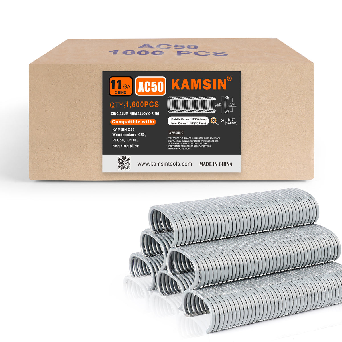 KAMSIN C50 11G Anillos de presión manuales de 1 3/4 pulgadas de corona para pistola de anillos de cerdo de 13,5-14 mm de diámetro de cierre, grapas de anillo C de aleación de zinc-aluminio para jaulas de alambre, colchones, gaviones