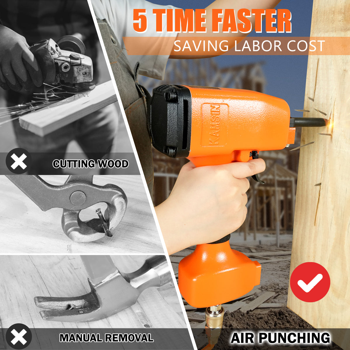 KAMSIN KT50 Pneumatic Nails Puller, Professional Heavy Duty Air Punch Nailer,1/4 Inch NPT Air Inlet Air Power Nail Remover, Denailer Removes Nails At The Head Diameter Of 0.118"(3mm)-0.236"(6mm)