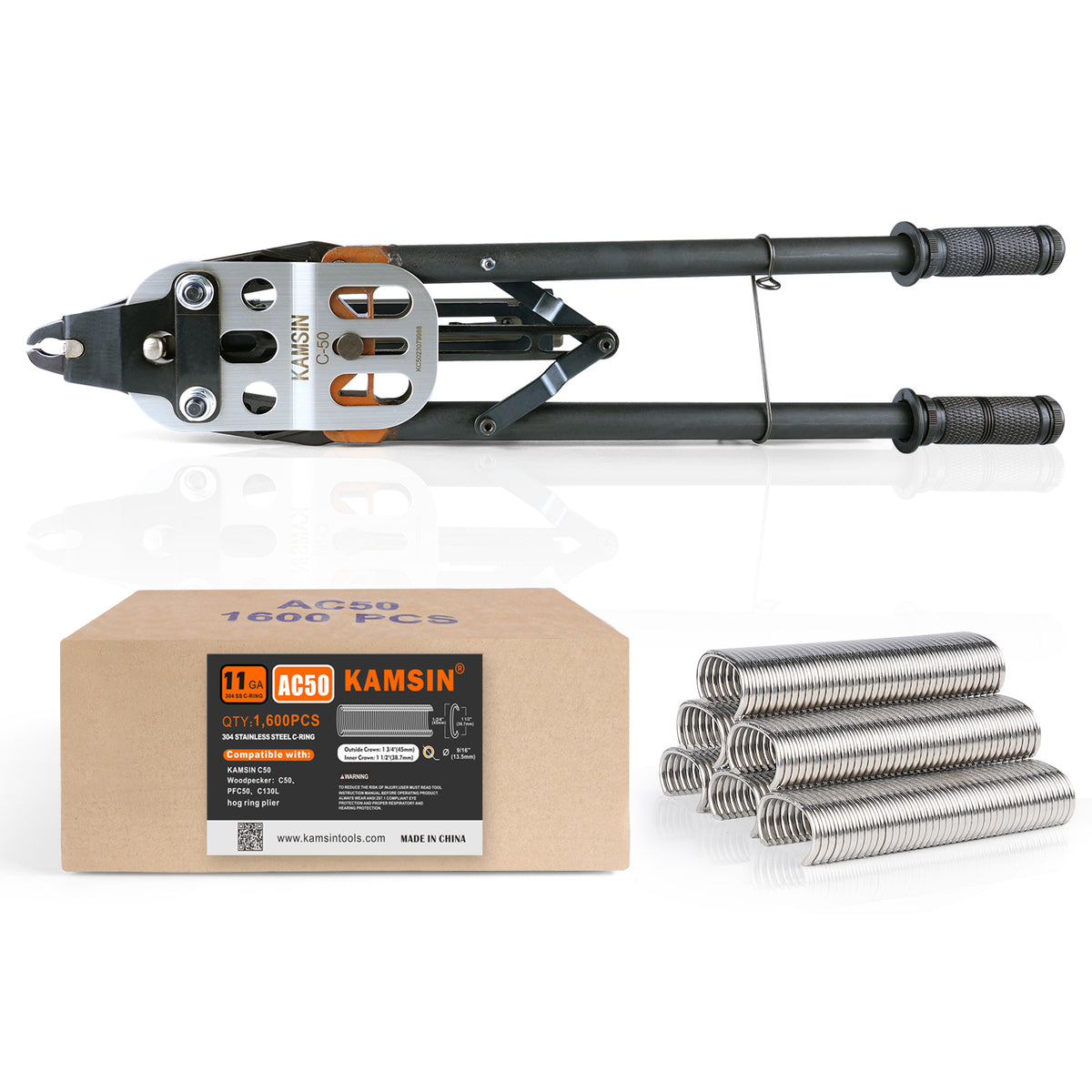 KAMSIN C50 Alicates Manuales para Anillos de Cerdo Calibre 11, Cierre de 13.5-14mm de Diámetro, Paquete con Grapas de Anillo de Cerdo C50