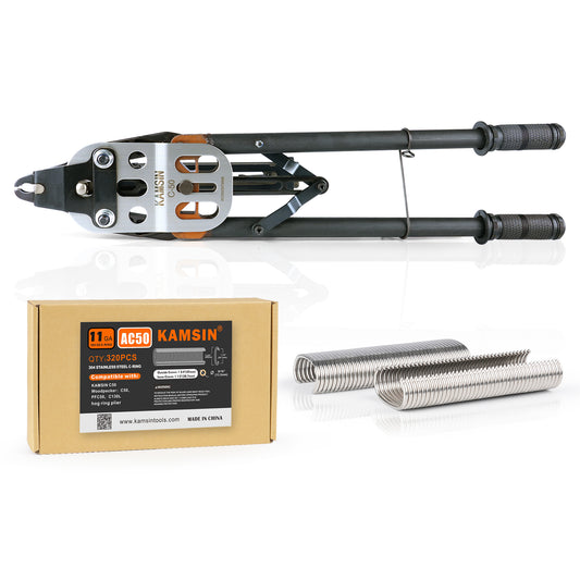 KAMSIN C50 11 Gauge Manual Hog Ring Plier 13.5-14mm Closure Dia bundle with C50 Hog Ring Staples