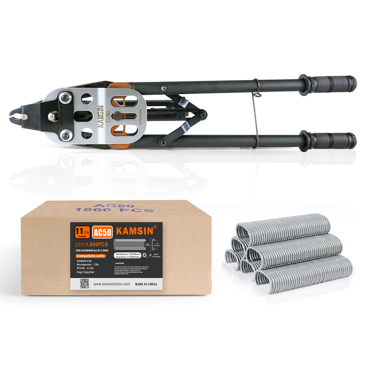 KAMSIN C50 Alicates Manuales para Anillos de Cerdo Calibre 11, Cierre de 13.5-14mm de Diámetro, Paquete con Grapas de Anillo de Cerdo C50