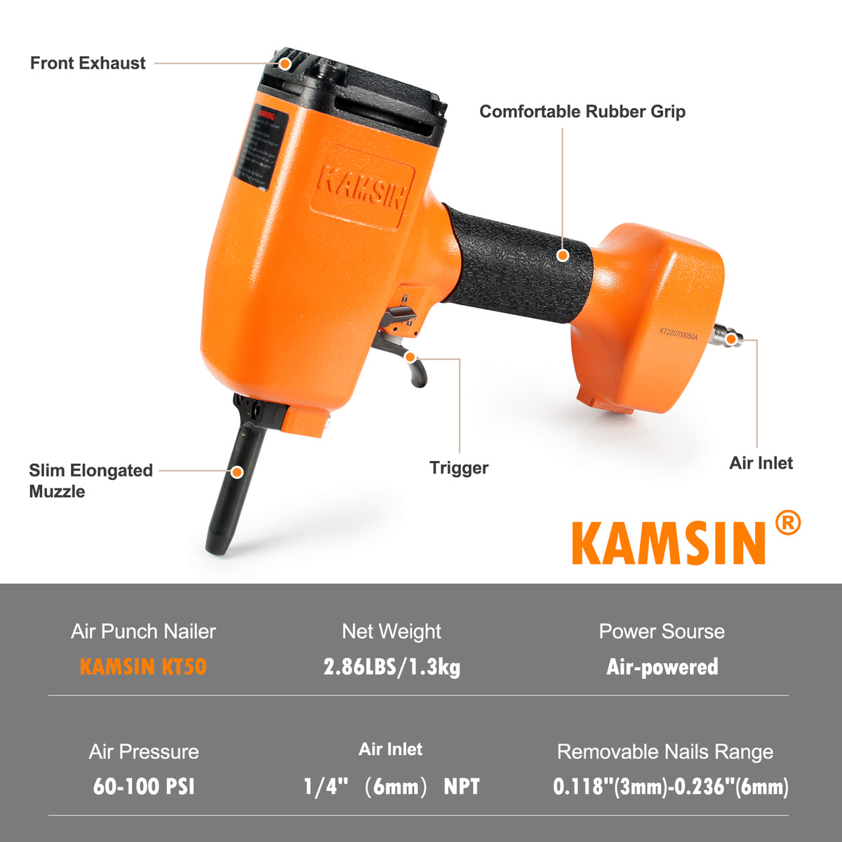 KAMSIN KT50 Pneumatic Nails Puller, Professional Heavy Duty Air Punch Nailer,1/4 Inch NPT Air Inlet Air Power Nail Remover, Denailer Removes Nails At The Head Diameter Of 0.118"(3mm)-0.236"(6mm)
