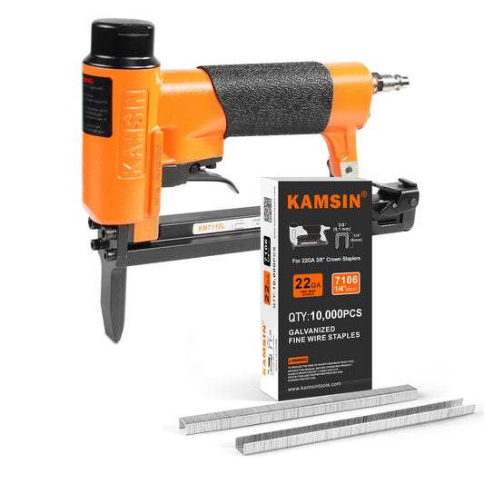 Combinación de kit de engrapadora neumática para tapicería KAMSIN KN7116L de calibre 22 y grapas para tapicería de corona de 3/8" (9.1mm) (10000 unidades)