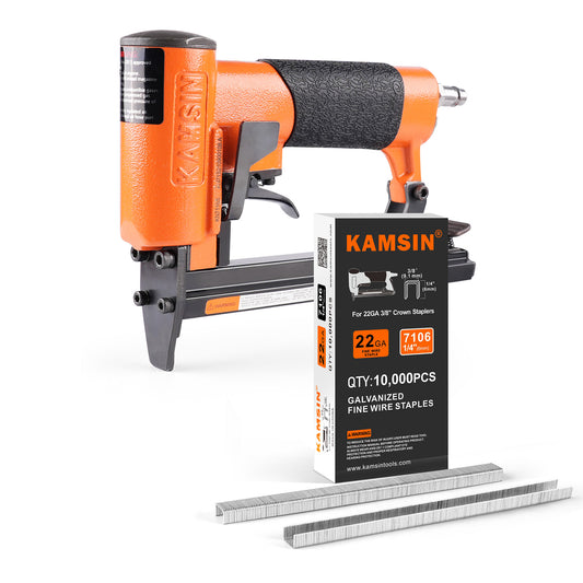 Combinación de kit de engrapadora neumática para tapicería KAMSIN KN7116S de calibre 22 y grapas de tapicería de corona de 3/8" (9.1 mm) (10000 unidades)
