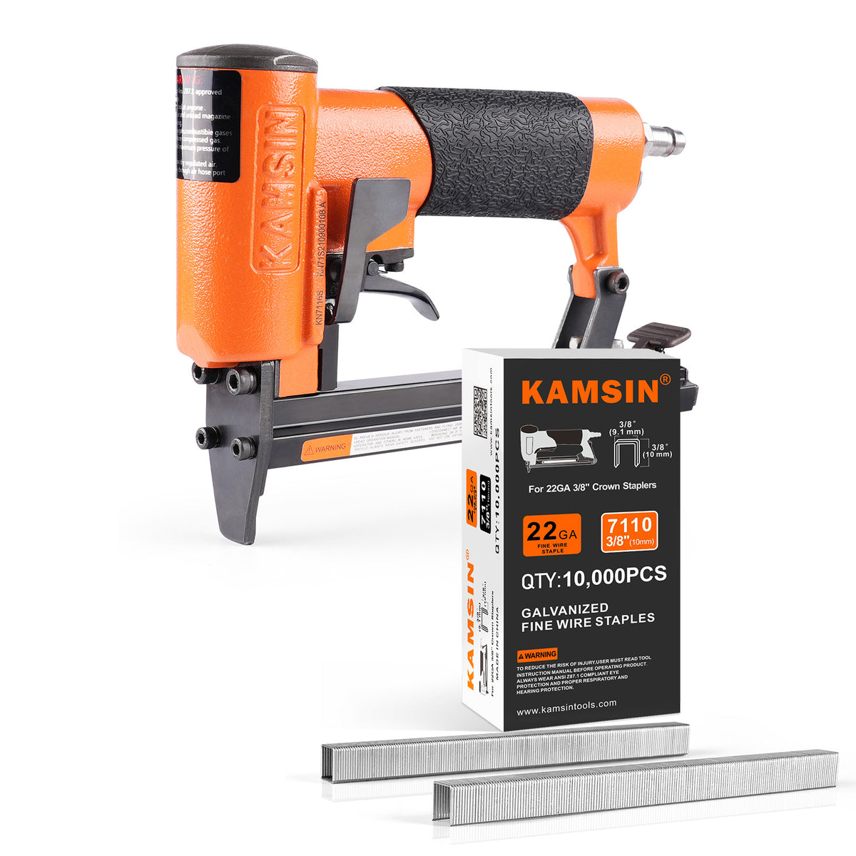 Combinación de kit de engrapadora neumática para tapicería KAMSIN KN7116S de calibre 22 y grapas de tapicería de corona de 3/8" (9.1 mm) (10000 unidades)