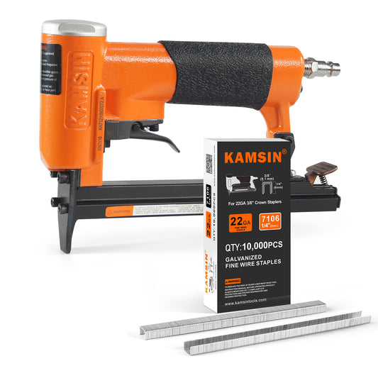 Combinación del kit de grapadora neumática para tapicería KAMSIN KN7116 de calibre 22 y grapas para tapicería de corona de 3/8" (9.1mm) (10000 unidades)