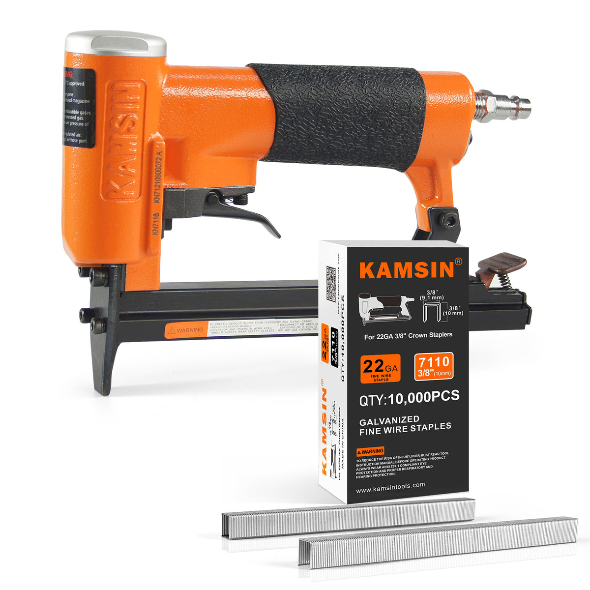 Combinación del kit de grapadora neumática para tapicería KAMSIN KN7116 de calibre 22 y grapas para tapicería de corona de 3/8" (9.1mm) (10000 unidades)