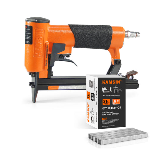 Combinación de kit de engrapadora neumática para tapicería KAMSIN KN8016S de calibre 21 y grapas para tapicería de corona de 1/2" (12.8 mm) (10000 unidades)