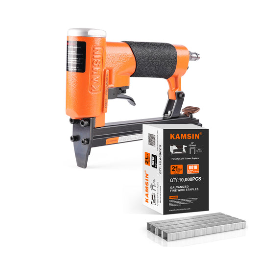 Combinación de kit de engrapadora neumática para tapicería KAMSIN KN8016 de calibre 21 y grapas para tapicería de corona de 1/2" (12.8 mm) (10000 unidades)