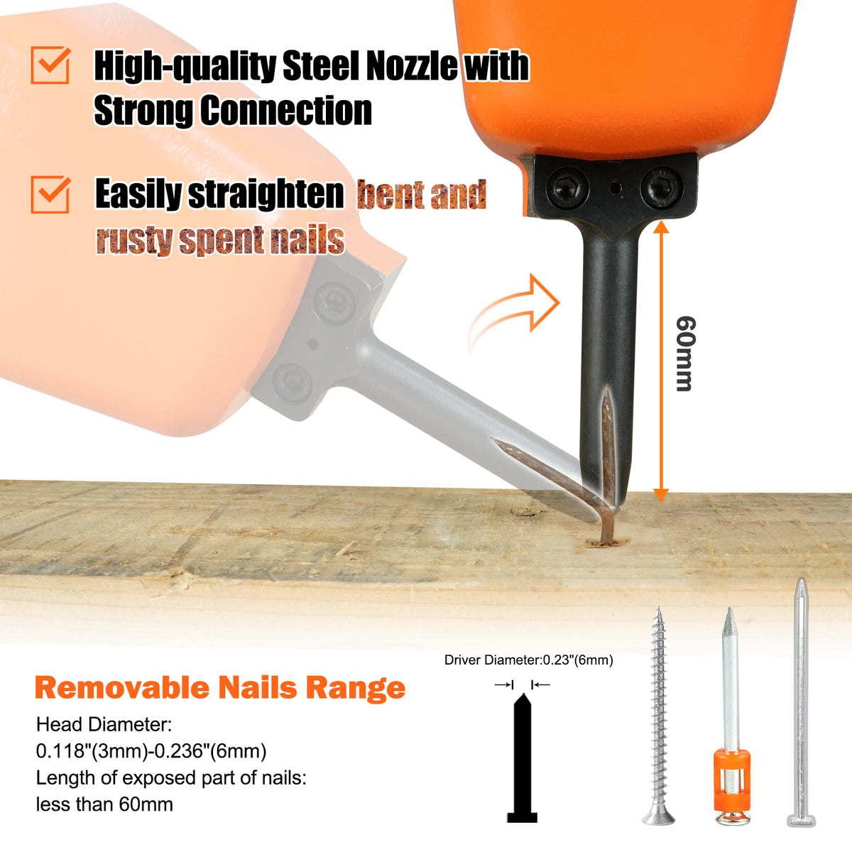 KAMSIN KT50 Pneumatic Nails Puller, Professional Heavy Duty Air Punch Nailer,1/4 Inch NPT Air Inlet Air Power Nail Remover, Denailer Removes Nails At The Head Diameter Of 0.118"(3mm)-0.236"(6mm)