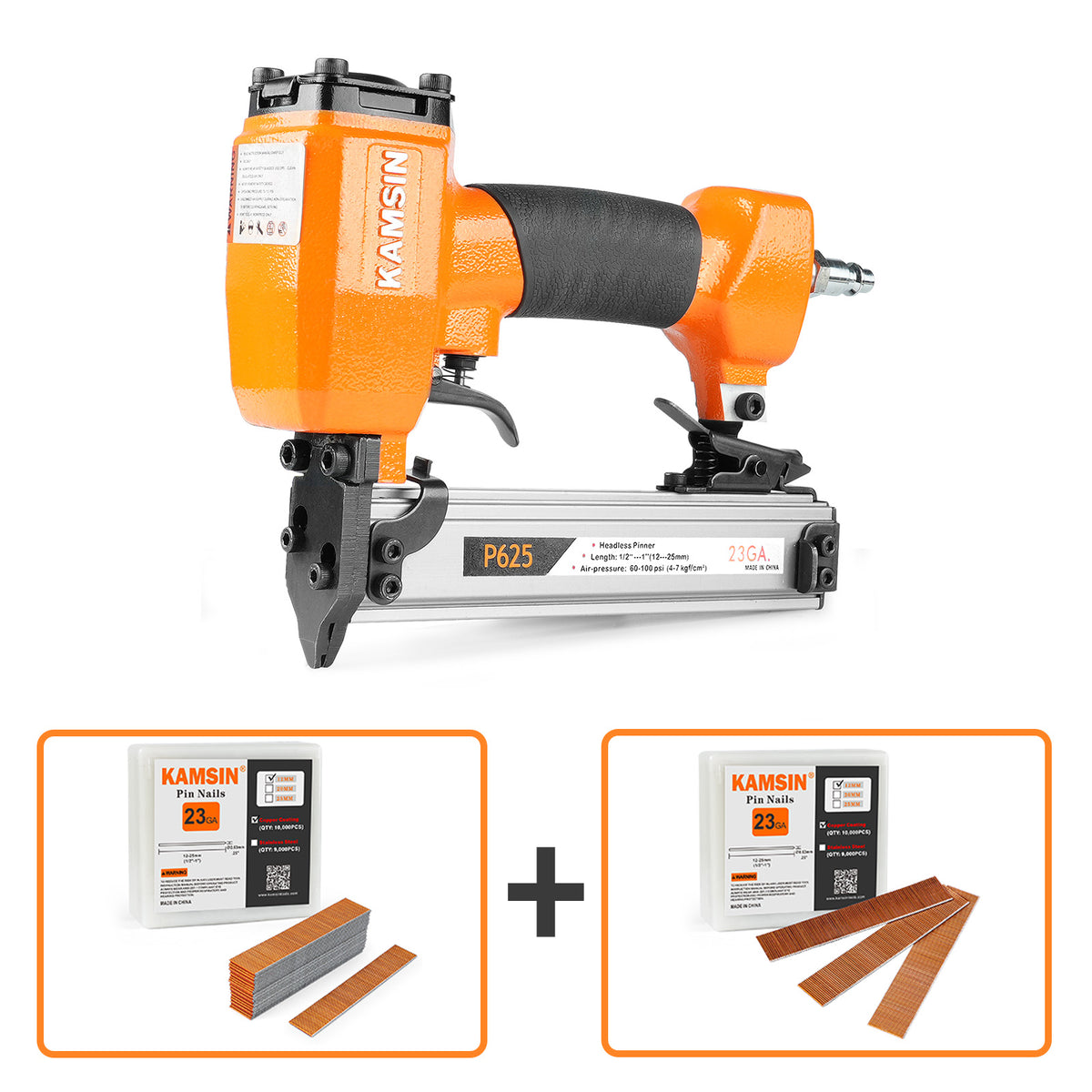 KAMSIN P625 23 Gauge Pneumatic Pin Nailer Kit with 10,000PCS P612 and A Box of Copper or Stainless Steel Pin Nails
