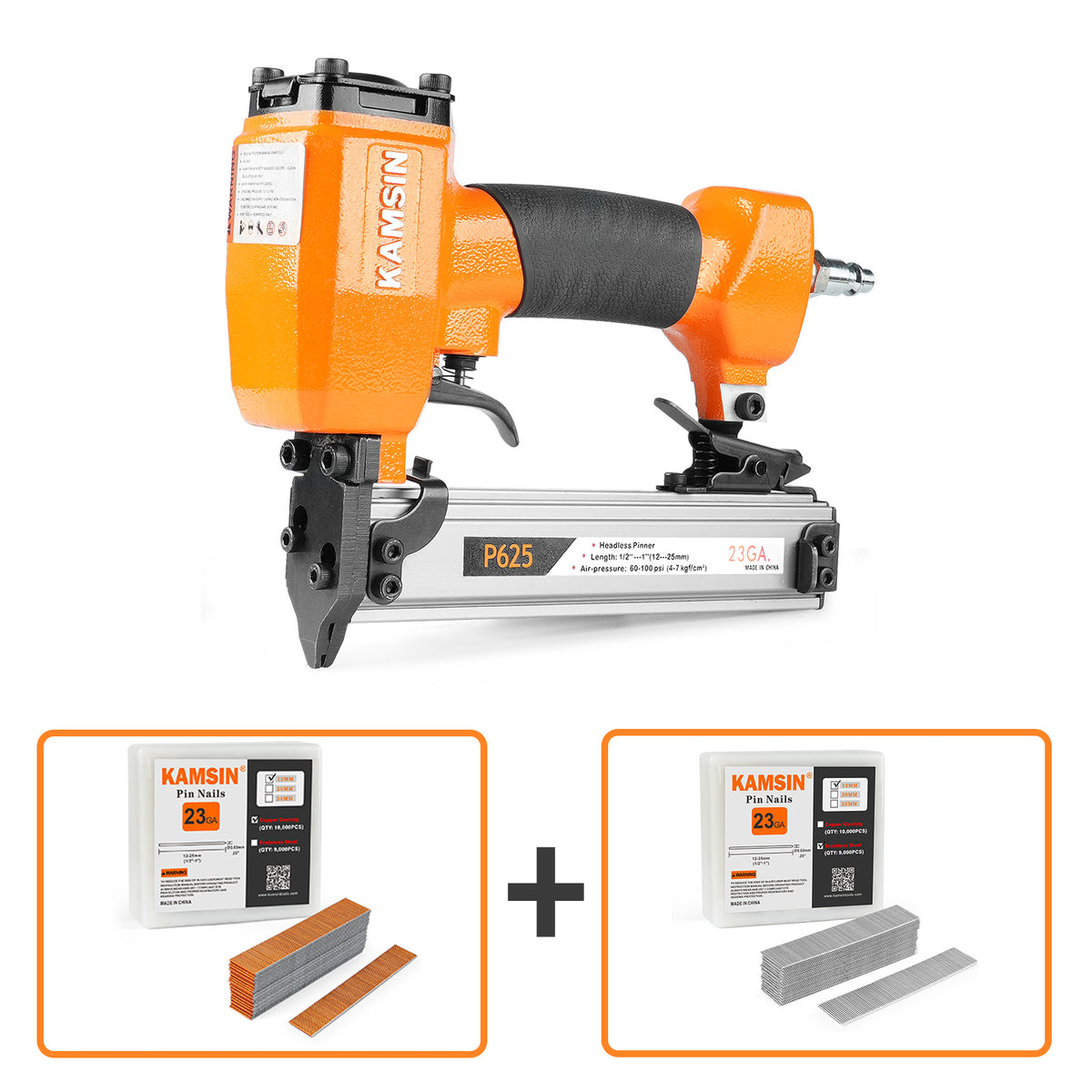 KAMSIN P625 23 Gauge Pneumatic Pin Nailer Kit with 10,000PCS P612 and A Box of Copper or Stainless Steel Pin Nails