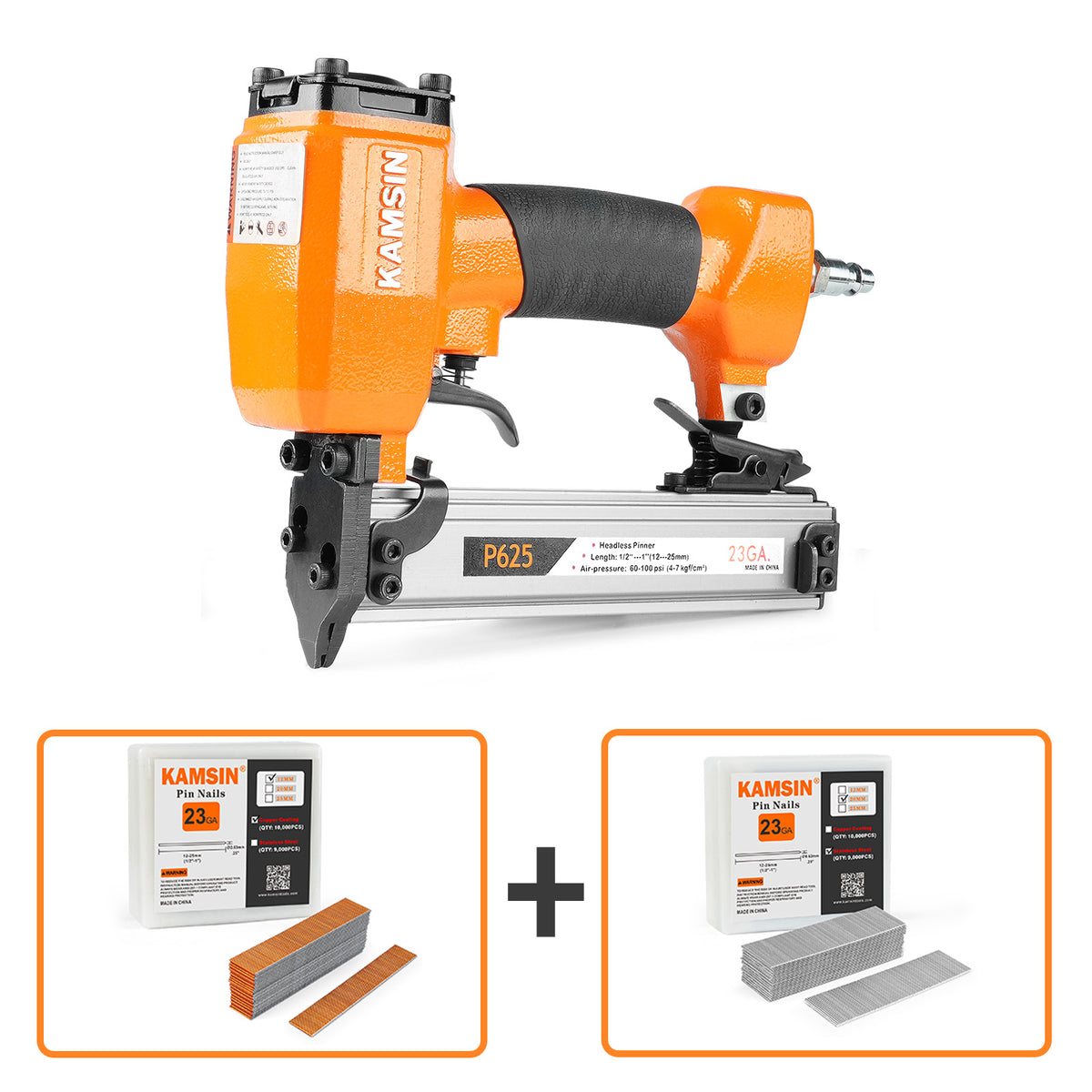 KAMSIN P625 23 Gauge Pneumatic Pin Nailer Kit with 10,000PCS P612 and A Box of Copper or Stainless Steel Pin Nails