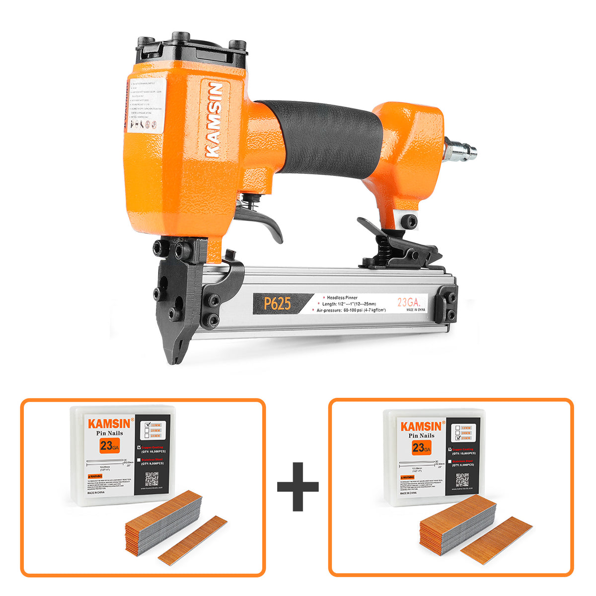 KAMSIN P625 23 Gauge Pneumatic Pin Nailer Kit with 10,000PCS P612 and A Box of Copper or Stainless Steel Pin Nails