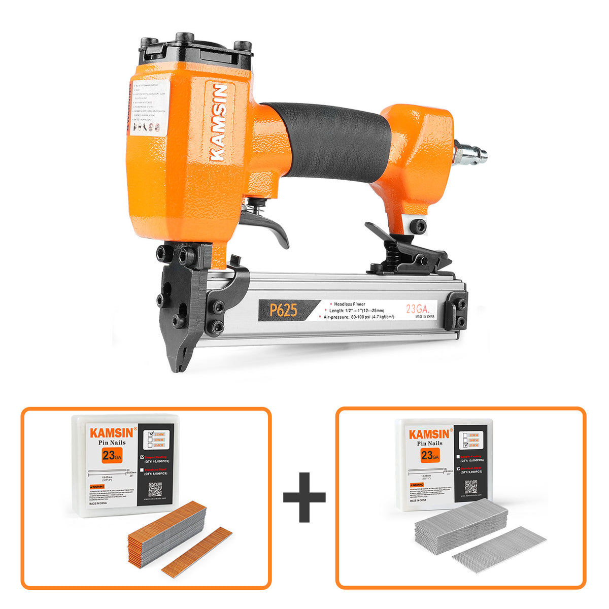 KAMSIN P625 23 Gauge Pneumatic Pin Nailer Kit with 10,000PCS P612 and A Box of Copper or Stainless Steel Pin Nails