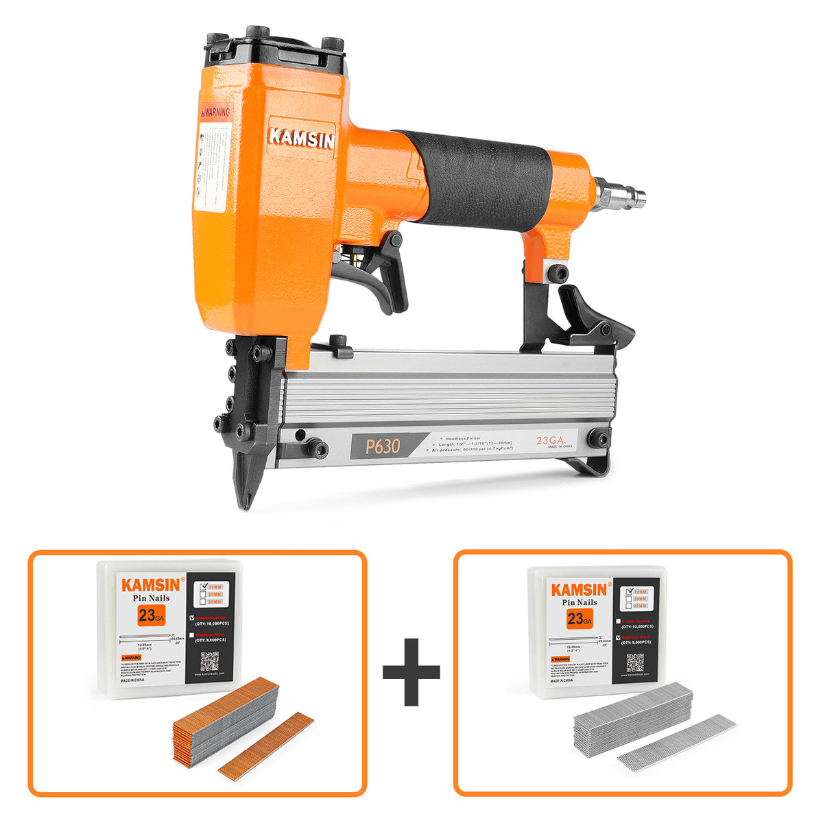 KAMSIN P630 23 Gauge Pneumatic Headless Pin Nailer Kit with 10,000PCS P612 and A Box of Copper or Stainless Steel Pin Nails