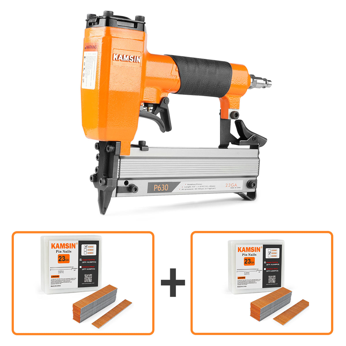 KAMSIN P630 23 Gauge Pneumatic Headless Pin Nailer Kit with 10,000PCS P612 and A Box of Copper or Stainless Steel Pin Nails