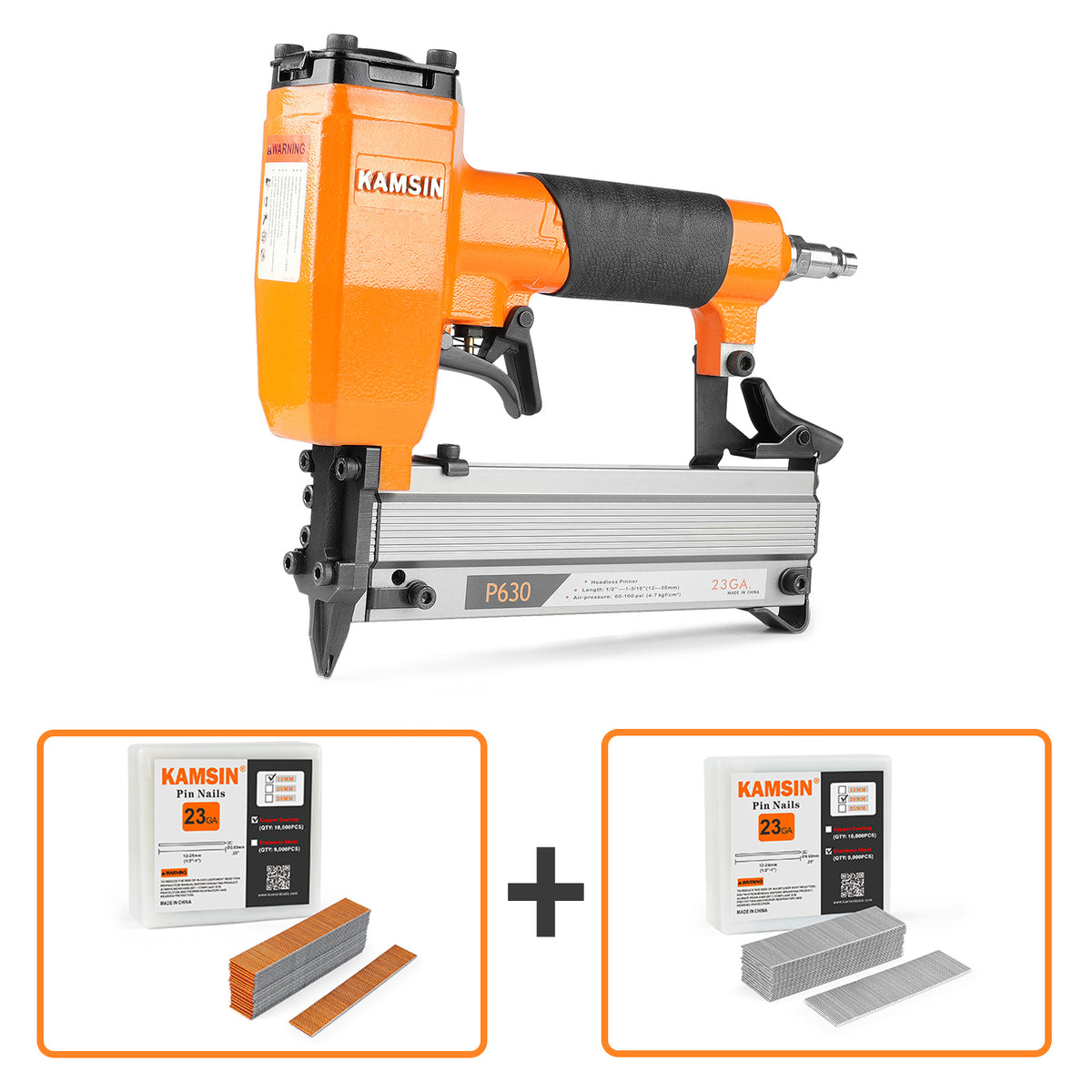 KAMSIN P630 23 Gauge Pneumatic Headless Pin Nailer Kit with 10,000PCS P612 and A Box of Copper or Stainless Steel Pin Nails