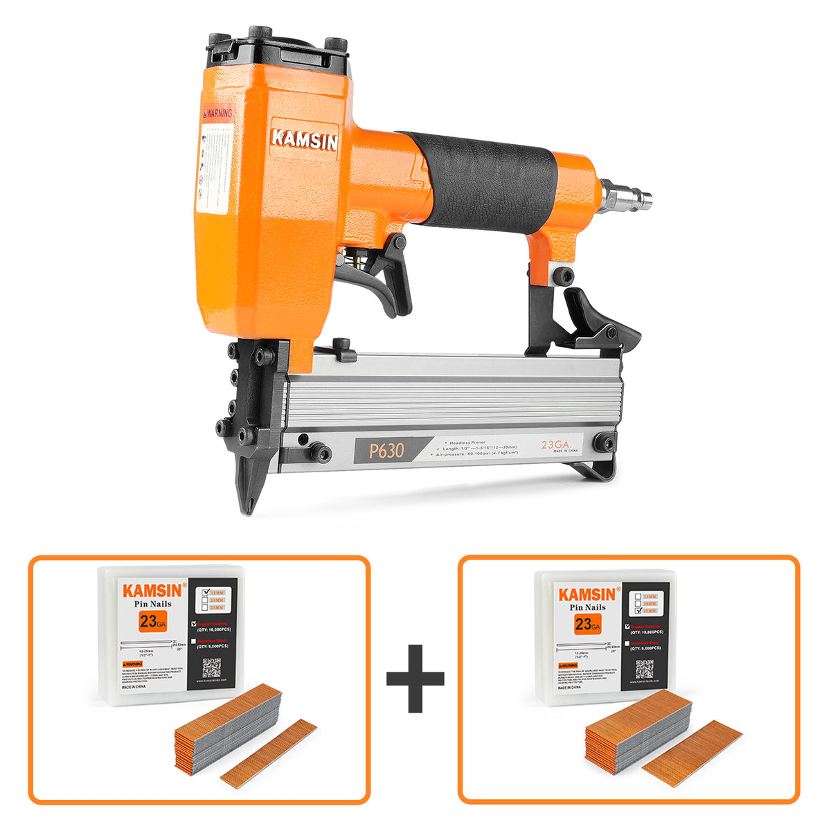 KAMSIN P630 23 Gauge Pneumatic Headless Pin Nailer Kit with 10,000PCS P612 and A Box of Copper or Stainless Steel Pin Nails