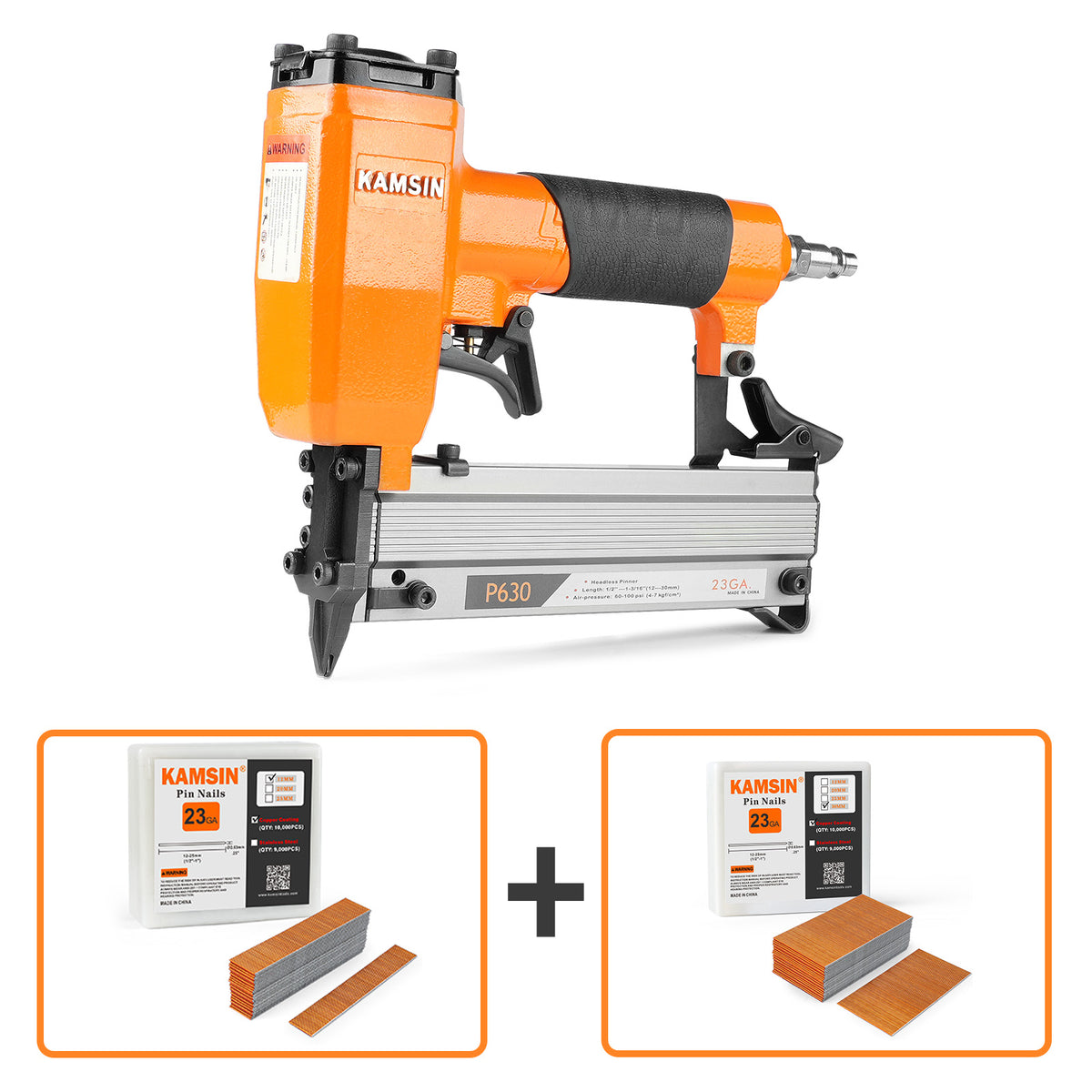 KAMSIN P630 23 Gauge Pneumatic Headless Pin Nailer Kit with 10,000PCS P612 and A Box of Copper or Stainless Steel Pin Nails