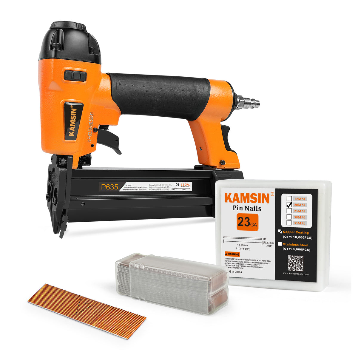 KAMSIN P635 23 Gauge Pneumatic Headless Pin Nailer Kit with 3,000PCS P620 and A Box of Copper or Stainless Steel Pin Nails