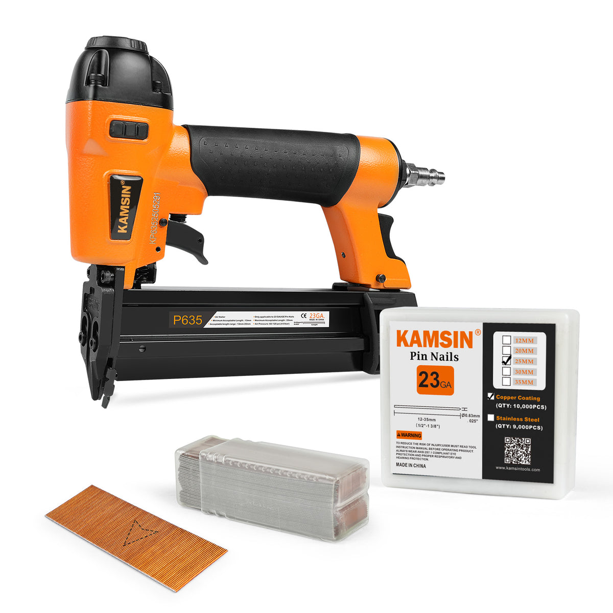KAMSIN P635 23 Gauge Pneumatic Headless Pin Nailer Kit with 3,000PCS P620 and A Box of Copper or Stainless Steel Pin Nails