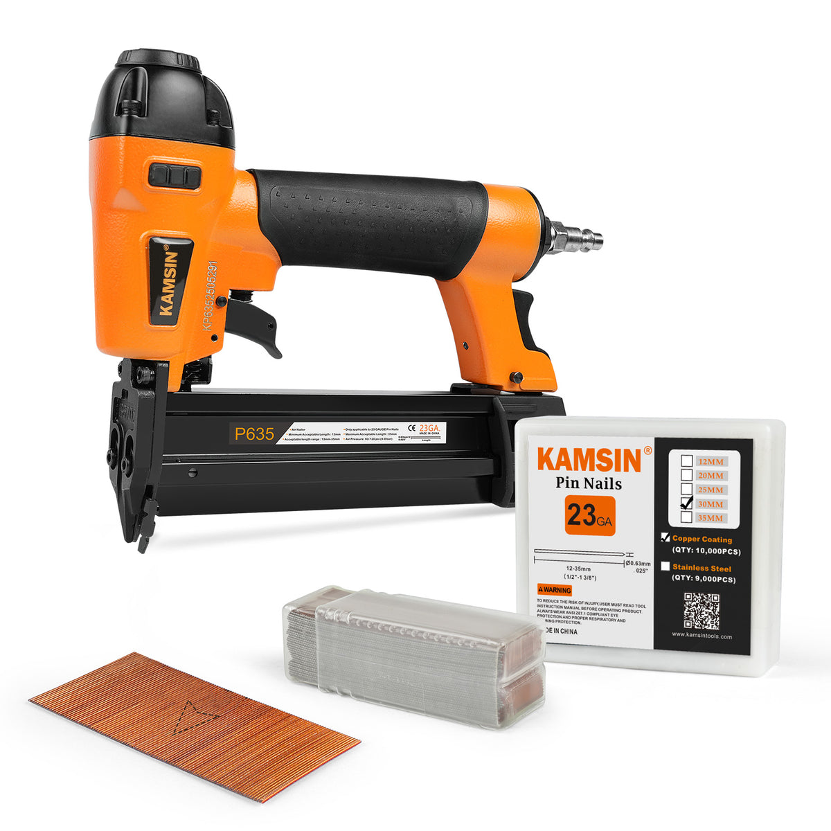 KAMSIN P635 23 Gauge Pneumatic Headless Pin Nailer Kit with 3,000PCS P620 and A Box of Copper or Stainless Steel Pin Nails