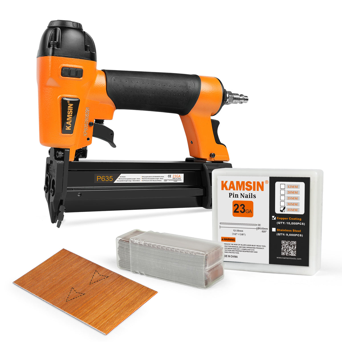 KAMSIN P635 23 Gauge Pneumatic Headless Pin Nailer Kit with 3,000PCS P620 and A Box of Copper or Stainless Steel Pin Nails