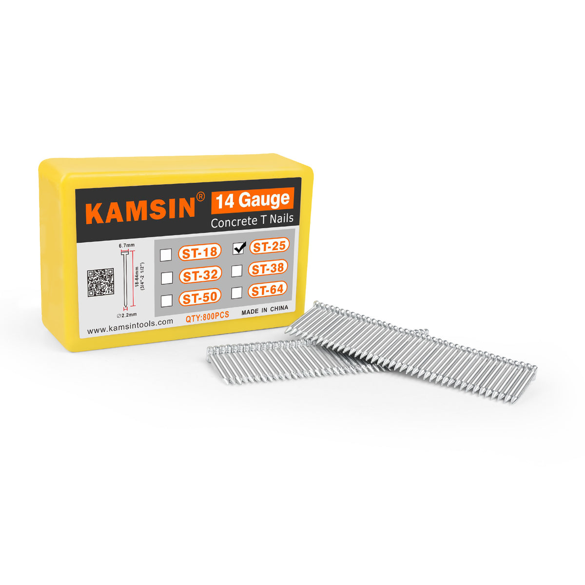 KAMSIN 14 Gauge Concrete T Nails, 18-64mm (3/4"-2 1/2"), Galvanized, 800 PCS/BOX