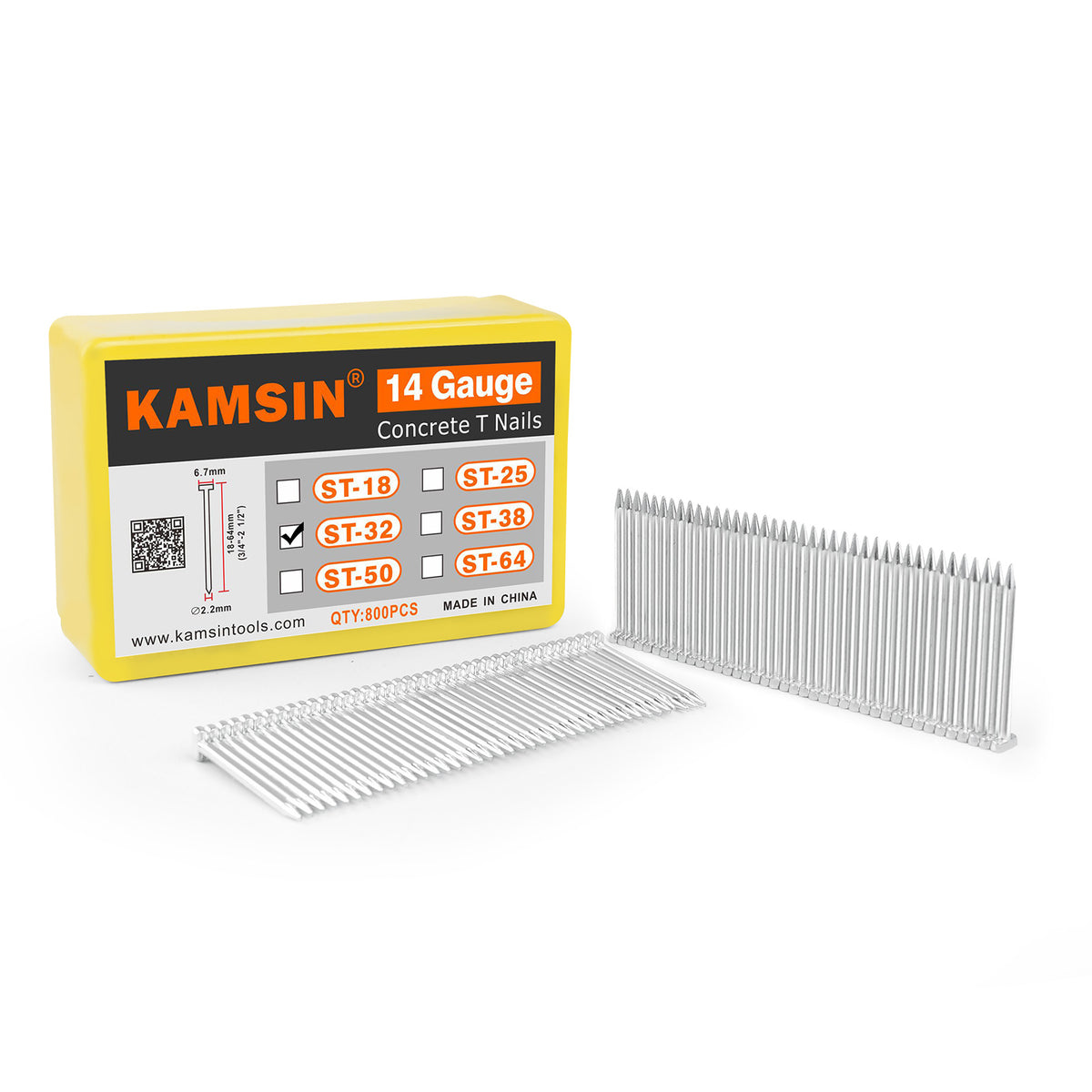 KAMSIN 14 Gauge Concrete T Nails, 18-64mm (3/4"-2 1/2"), Galvanized, 800 PCS/BOX