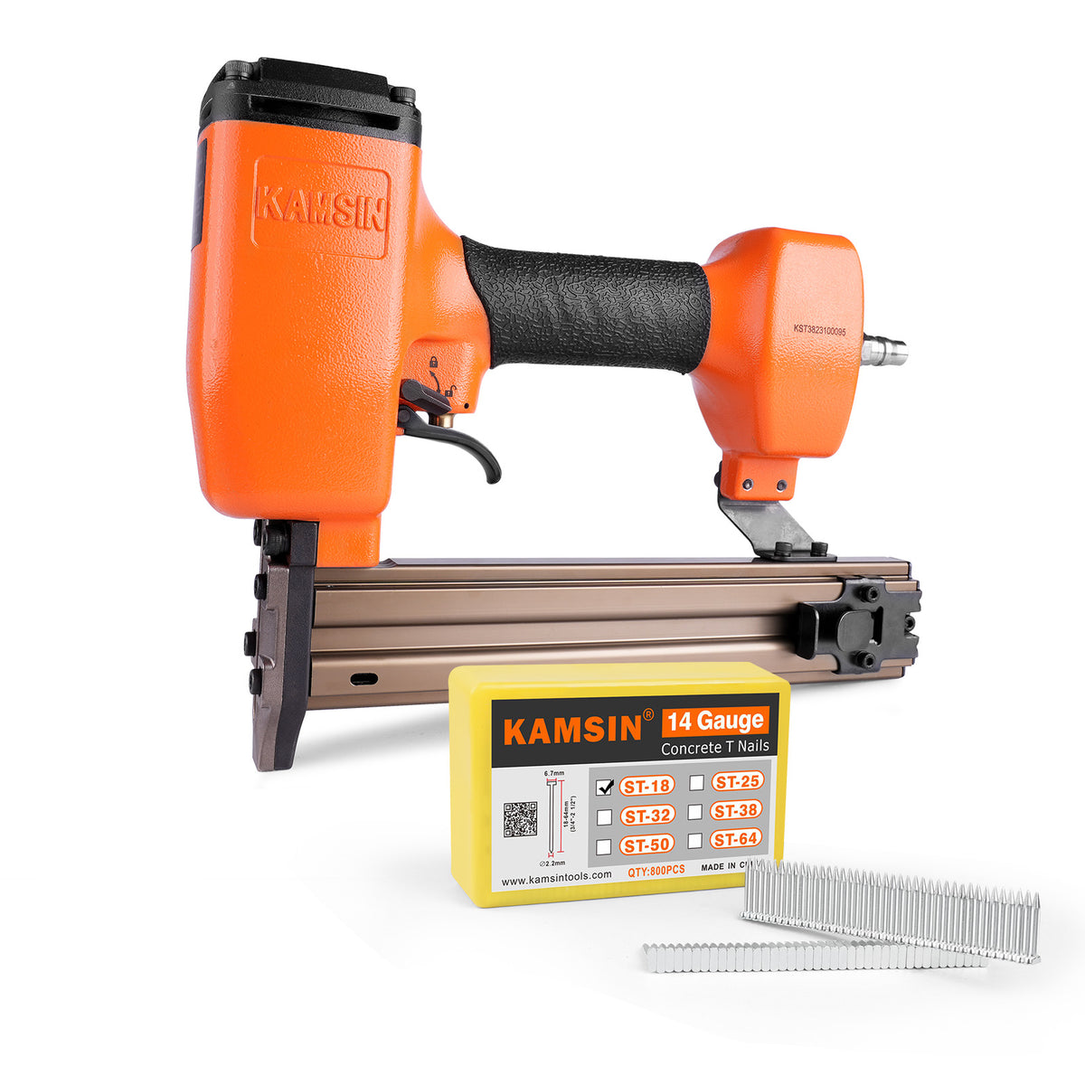 KAMSIN ST38H 14 Gauge Heavy Duty Pneumatic Concrete T Nailer Kit with 800 PCS Concrete T Nails