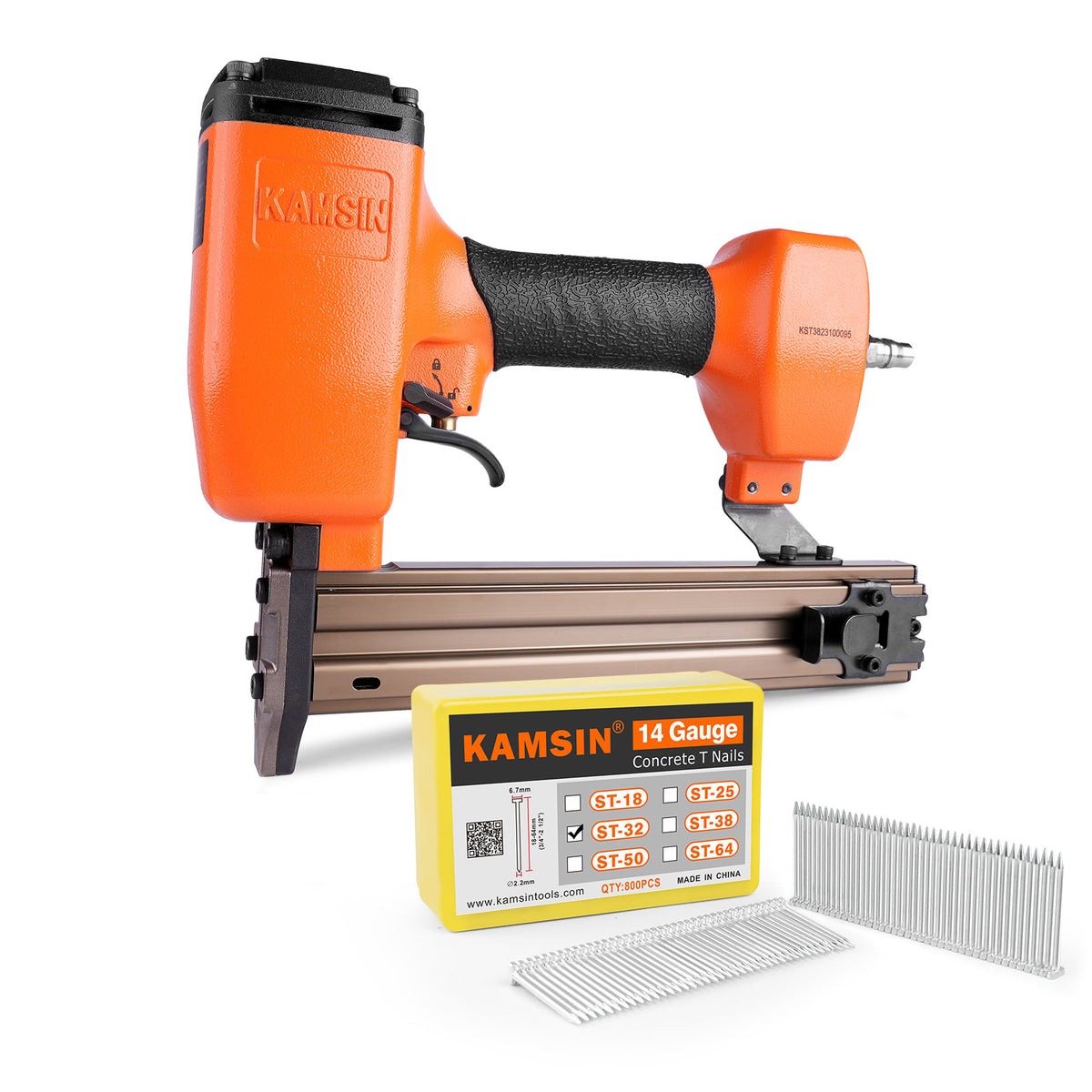 KAMSIN ST38H 14 Gauge Heavy Duty Pneumatic Concrete T Nailer Kit with 800 PCS Concrete T Nails