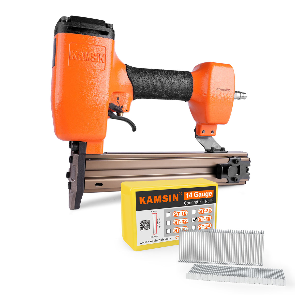 KAMSIN ST38H 14 Gauge Heavy Duty Pneumatic Concrete T Nailer Kit with 800 PCS Concrete T Nails