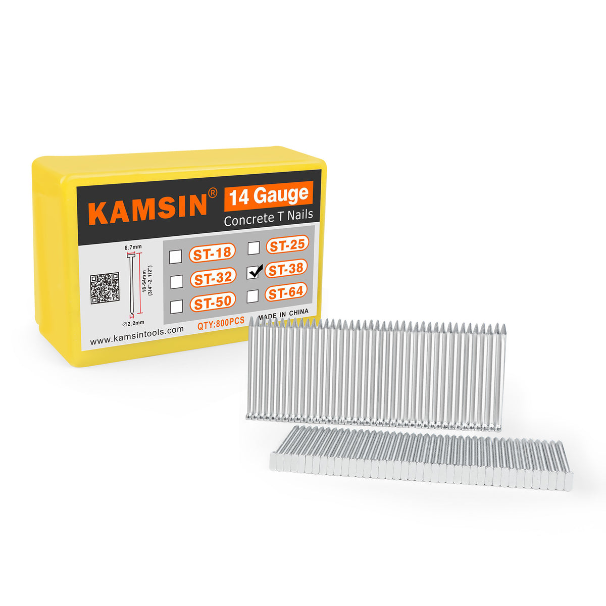 KAMSIN 14 Gauge Concrete T Nails, 18-64mm (3/4"-2 1/2"), Galvanized, 800 PCS/BOX