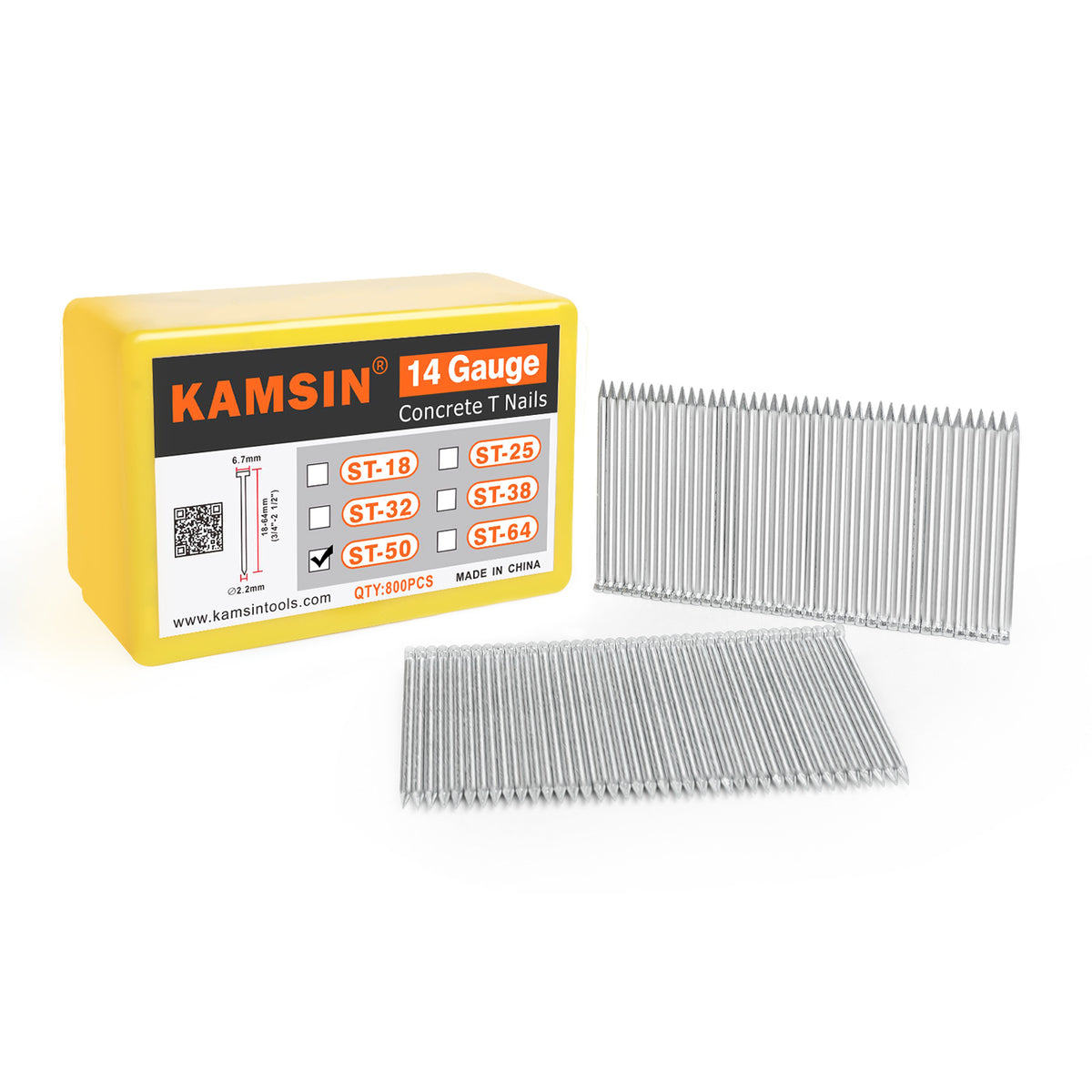 KAMSIN 14 Gauge Concrete T Nails, 18-64mm (3/4"-2 1/2"), Galvanized, 800 PCS/BOX